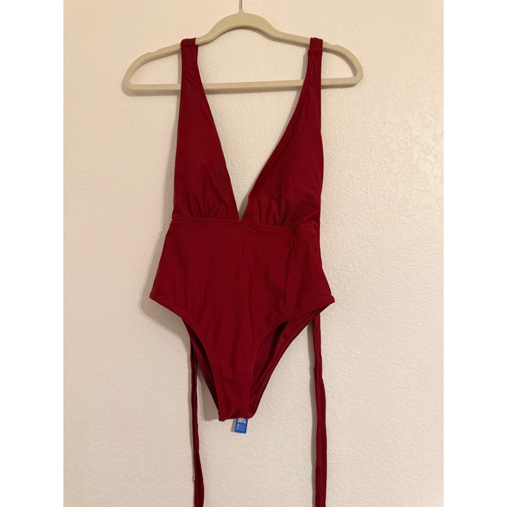 Cupshe Womens Burgundy Deep V-Neck Tie Backless One Piece Swimsuit Size M NEW